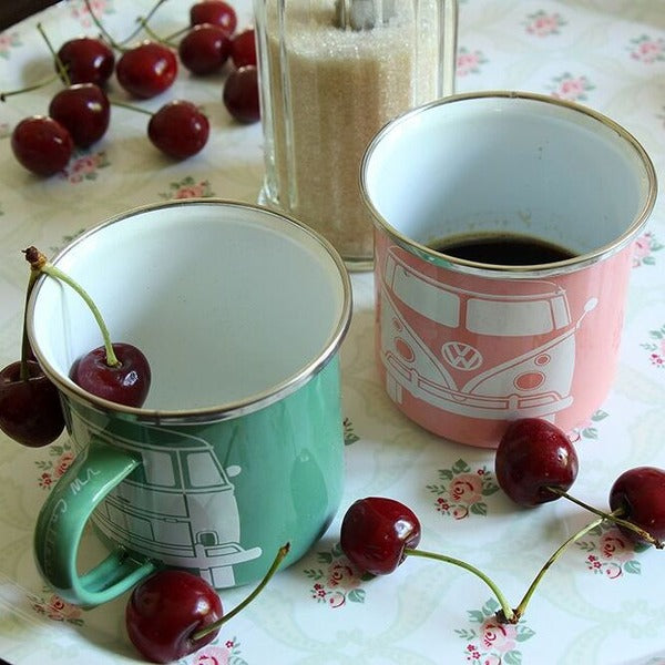VW T1 Bus Enamel Mug Set - Green & Rose Pink