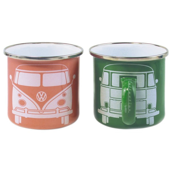 VW T1 Bus Enamel Mug Set - Green & Rose Pink