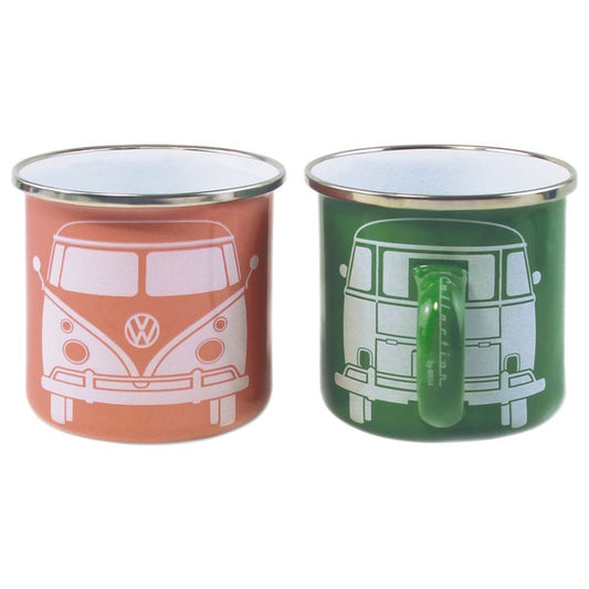 VW T1 Bus Enamel Mug Set - Green & Rose Pink